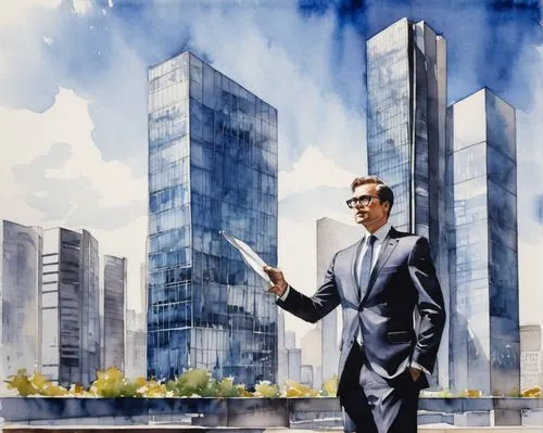 Middle-aged man, art architect, standing, confident posture, black-rimmed glasses, short brown hair, stubble, white shirt, dark blue suit, black tie, holding a model of a modern building, cityscape ba