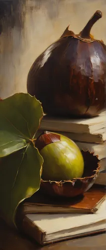 Compose a poem capturing the anticipation and promise held within a chestnut bud.,still life with onions,autumn still life,summer still-life,still-life,still life,oils,oil painting,still life of sprin