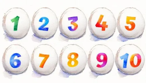 just the numbers, loose on a white background, different colors for each number, in the style of watercolor painting, where the colors must be only inside the numbers, without any other element or obj