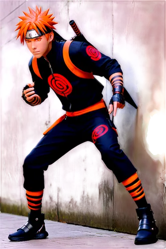 Akatsuki, Naruto character, male, orange hair, spiky hairstyle, black eyes, fair skin, lean build, ninja outfit, Uzumaki clan symbol on back, forehead protector, ninja sandals, relaxed pose, leaning a