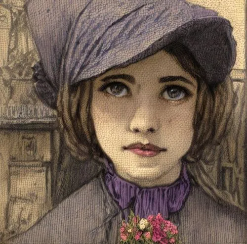 1880s  Parisian flower girl with grey  eyes and short dark curly hair and purple dress  and hat selling flowers in the street,la violetta,child portrait,vintage french postcard,suffragette,art nouveau