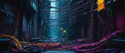 alleyway,alley,alleyways,cyberpunk,wires,alleycat,cyberia,cyberscene,blind alley,cybernet,passage,narrow street,neon arrows,cyberworld,cybertown,world digital painting,cybercity,alleys,corridors,street canyon,Illustration,Black and White,Black and White 21