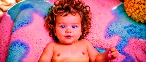 Nude baby, infant, lying down, soft skin, chubby cheeks, round face, bright eyes, messy hair, tiny hands, curled toes, warm lighting, pastel color tone, shallow depth of field, 3/4 composition, gentle