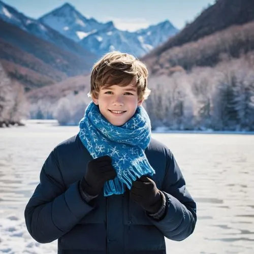 Icy blue-toned winter, cute teenage boy, 14yo, messy short hair, bright blue eyes, small nose, smiling face, warm coat, snowflake-patterned scarf, white gloves, black boots, standing, mountain peak, s