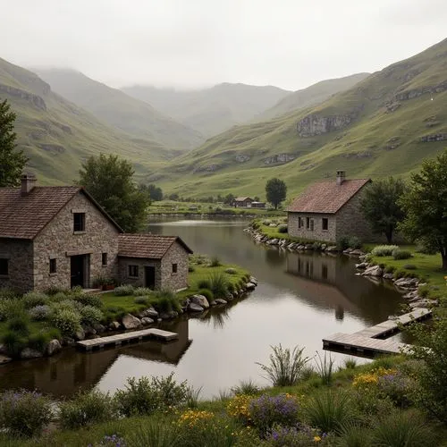 Rustic countryside, rolling hills, serene lakeside, wooden docks, native wildflowers, meandering streams, regional stone buildings, traditional tile roofs, earthy color palette, natural materials, org