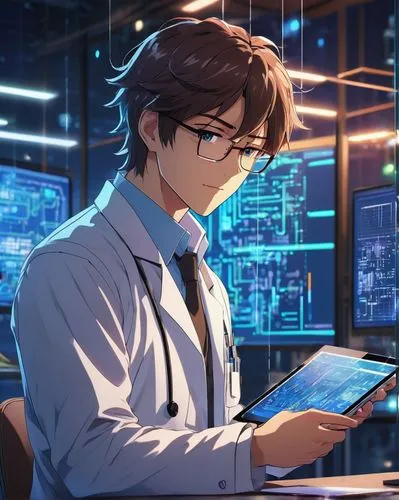 Computer architecture design, futuristic laboratory, male engineer, 30s, glasses, messy brown hair, white lab coat, holding a tablet, standing in front of a large screen display, complex circuit diagr