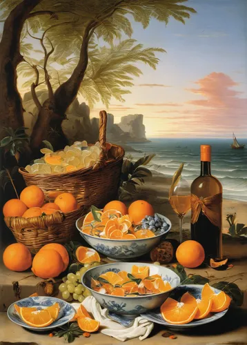 A refreshing sunset picnic by the beach, with a bowl of chilled orange pieces to share.,summer still-life,fruits of the sea,still-life,oranges,tangerines,coastal landscape,orange tree,cointreau,citrus