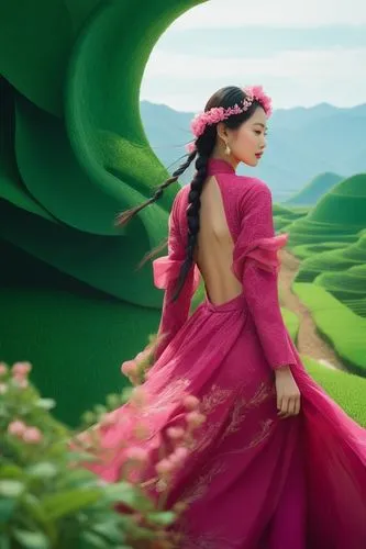 an elegant asian lady, wearing a deep pink cherry backless flowy dress, the background of beautiful deep emerald terraced fields,a girl in pink dress walking through the desert,deepika padukone,vaanii