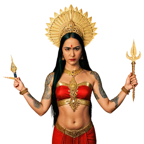 Vinayaka deity, Indian mythology, golden skin, angry expression, third eye on forehead, multiple arms, intricate tattoos, ornate jewelry, red and gold clothing, holding trident, standing in heroic pos