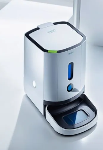 宠物喂食器，简约风格，科技感,a machine on top of a white table,ice cream maker,deskjet,microbrewer,smarttoaster,spectrophotometers,spectrophotometer,Photography,General,Realistic