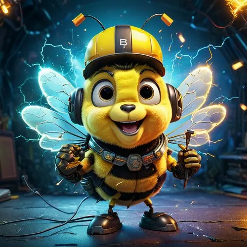 Illustrate a playful bumble bee receiving its bachelor degree as electrical engineer, wearing an electricans belt and bachelor hat, high voltage sparks surrounding him. Pixar, Disney, concept art, 3d 