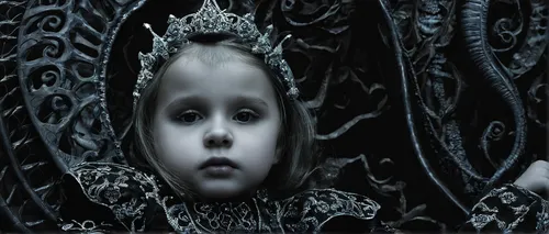 gothic portrait,the little girl,the snow queen,doll looking in mirror,swath,dark art,dark gothic mood,queen of the night,mirror of souls,the carnival of venice,gothic,little girl,gothic woman,image manipulation,photomontage,crown render,gothic style,queen cage,miss circassian,carpathian,Conceptual Art,Sci-Fi,Sci-Fi 02