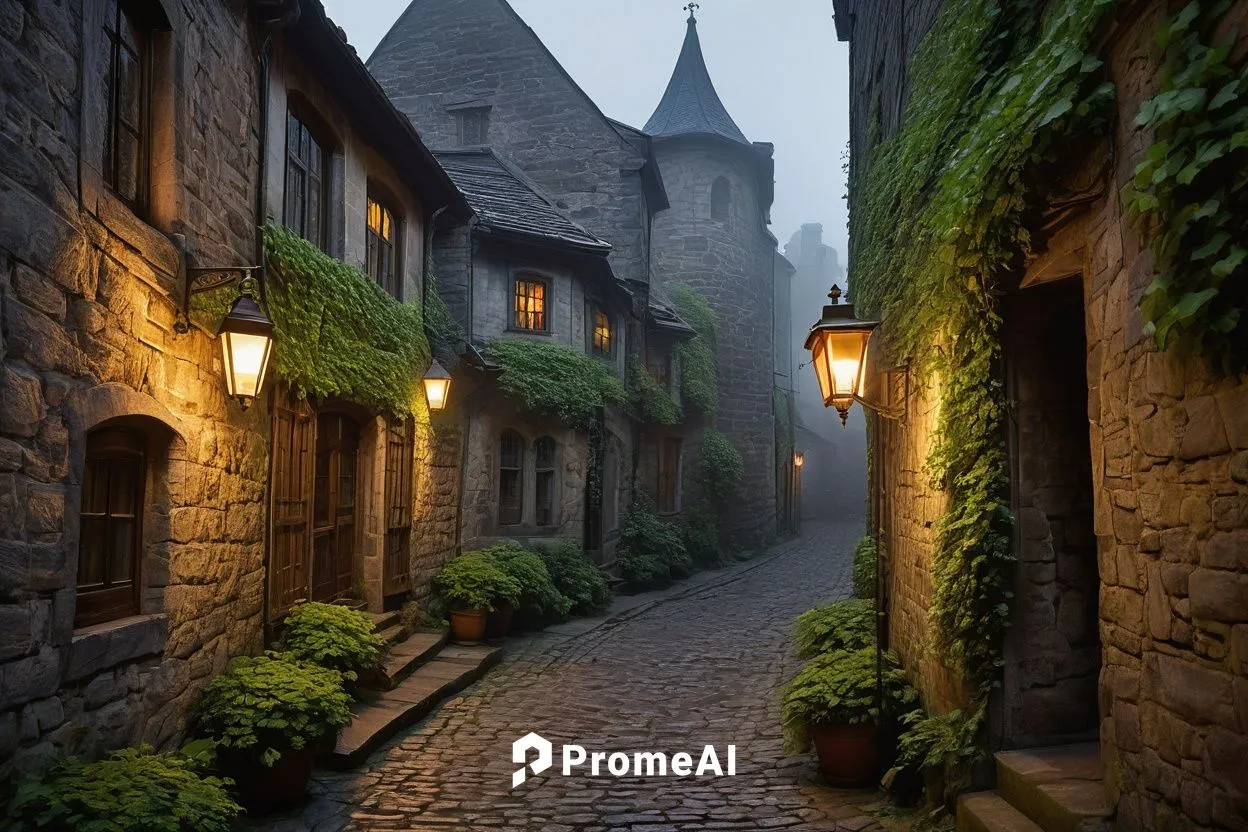 Narrow alleyway, old European-style Poyner architecture, medieval town, stone walls, ornate wooden doors, stained glass windows, ivy-covered buildings, moss on roofs, dimly lit, foggy atmosphere, warm