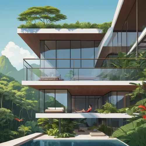 tropical house,modern house,roof landscape,luxury property,residential,modern architecture,dunes house,feng shui,holiday complex,asian architecture,tropical greens,contemporary,private house,honolulu,home landscape,beautiful home,holiday villa,luxury home,tropics,house by the water,Illustration,Vector,Vector 03