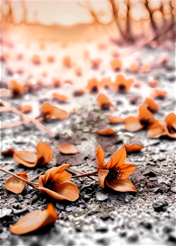 Wilted dead flowers, dry petals, brown stems, scattered on ground, melancholic atmosphere, soft focus, shallow depth of field, warm color tone, cinematic lighting, 3/4 composition, natural textures, s