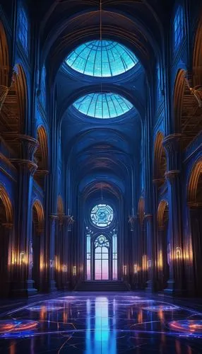 hall of the fallen,cathedral,haunted cathedral,blue room,ornate room,portal,orchestral,immenhausen,oculus,sanctuary,illumination,violet evergarden,blu,versailles,3d fantasy,symmetrical,threshold,notre dame,aisle,fantasia,Art,Classical Oil Painting,Classical Oil Painting 26