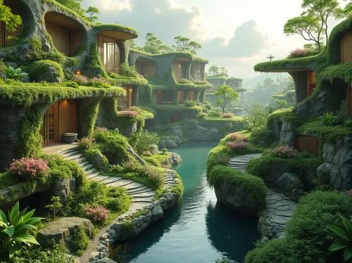 ecotopia,futuristic landscape,fantasy landscape,skylands,floating islands,terraformed,topia,3d fantasy,rivendell,ancient city,fractal environment,fairy village,home landscape,virtual landscape,biomes,theed,landscaped,moss landscape,paradis,oasis,Photography,General,Realistic