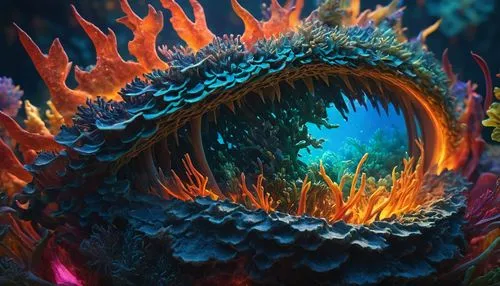 peacock eye,mandelbulb,painted dragon,nautilus,crocodile eye,deep sea nautilus,cuthulu,cinema 4d,geode,chondro,3d fantasy,fractalius,polyp,supernova,coral reef,lava,volcano,nemo,peacock,deep sea fish,Photography,General,Fantasy