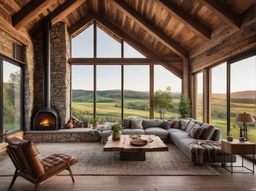 Rustic interior, pole barn home, modern farmhouse style, wooden beam ceiling, reclaimed wood walls, stone fireplace, comfortable couch, vintage rug, wooden coffee table, potted plants, large windows, 