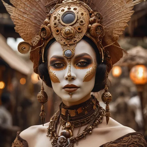 venetian mask,the carnival of venice,sinulog dancer,masquerade,gold mask,headdress,asian costume,golden mask,steampunk,headpiece,javanese,priestess,voodoo woman,ancient costume,cleopatra,ancient egyptian girl,the enchantress,indonesian women,balinese,warrior woman,Photography,General,Cinematic