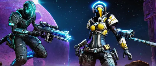 character, Borderlands: The Pre-Sequel, Athena the Gladiator, action pose, shield, sword, aggressive stance, Nisha the Lawbringer, dual pistols, cowboy hat, sharpshooter, Wilhelm the Enforcer, cyberne