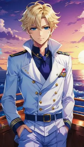 A handsome sailor with short messy blonde hair, in costume was relaxing on a ship on the high seas. He wears a sailor uniform, consisting of medium blue pants, a navy blue shirt and a white sailor's o