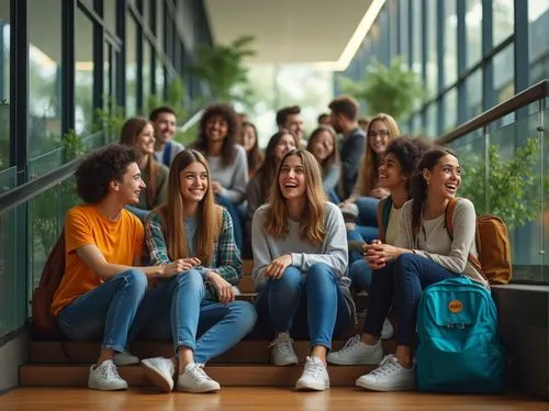 High school students, diverse group, casual clothing, jeans, sneakers, vibrant colored backpacks, sitting on stairs, chatting, laughing, relaxed atmosphere, modern high school building, glass walls, w