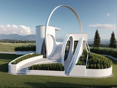 steel sculpture,semi circle arch,3d rendering,golf resort,golf landscape,wind power generator,Photography,General,Realistic