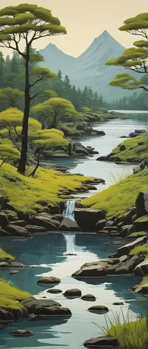 river landscape,brook landscape,an island far away landscape,japan landscape,river juniper,swampy landscape,coastal landscape,landscape background,natural landscape,freshwater marsh,salt meadow landscape,a river,nature landscape,flowing creek,world digital painting,robert duncanson,tidal marsh,small landscape,mountain landscape,mountain stream,Illustration,Paper based,Paper Based 21