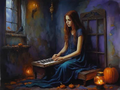 woman playing,pianist,piano player,musician,dulcimer,mystical portrait of a girl,keyboard instrument,psaltery,concerto for piano,serenade,piano,melodica,musical instrument,music chest,piano lesson,composing,woman playing violin,musical ensemble,fantasy art,string instrument,Illustration,Realistic Fantasy,Realistic Fantasy 30