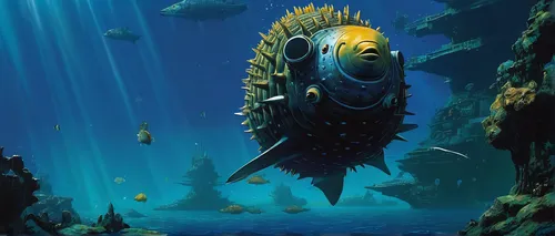 Write a fantasy story where a blowfish must embark on a dangerous quest to save its underwater kingdom.,underwater fish,nautilus,deep sea fish,deep sea nautilus,under sea,god of the sea,giant fish,und