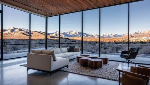 Modern Utah architecture firm, sleek glass building, minimalist design, angular lines, steel beams, wooden accents, open floor plan, collaborative workspace, comfortable seating area, floor-to-ceiling