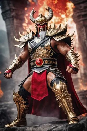 Mortal Kombat Dragon King, Shao Kahn, muscular man, powerful build, intimidating gaze, golden crown, white beard, black armor, red cape, claw gloves, throne, ancient temple, mysterious fog, dramatic l