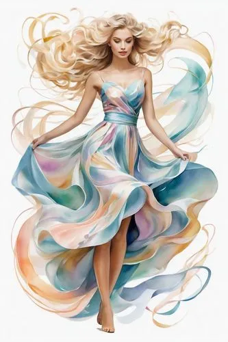 margaery,sigyn,celtic woman,amalthea,amphitrite,fluidity,peignoir,fashion vector,whirling,twirl,swirling,twirls,boho art style,twirling,spinaway,little girl in wind,sylphs,faerie,watercolor women accessory,twirled,Illustration,Paper based,Paper Based 11