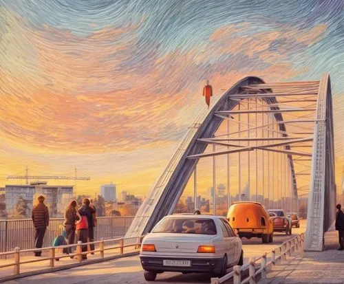 harbour bridge,sydney bridge,danube bridge,oil painting on canvas,orange sky,city highway,cahill expressway,harbor bridge,colored pencil background,hohenzollern bridge,bridge new europe,anzac bridge,ekaterinburg,oil painting,odaiba,city scape,saintpetersburg,art painting,rainbow bridge,saint petersburg,Game Scene Design,Game Scene Design,Cute Style