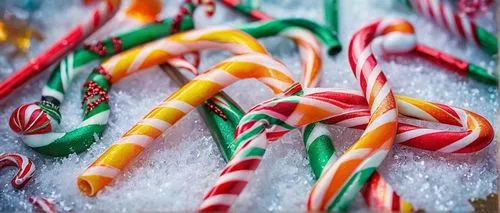 Colorful candy canes, shattered glass, sweet spills, sparkles, glossy finish, broken fragments, intricate details, transparent shards, sugary treats, festive atmosphere, winter wonderland, snowy backd