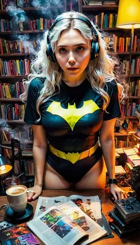 ((Elizabeth Olsen)) wearing short bikini, and a ((((black Batman t-shirt))), big earphones((long white hair))itting at the table in a nerdy room, at night, lamplight, in the background in the room ful