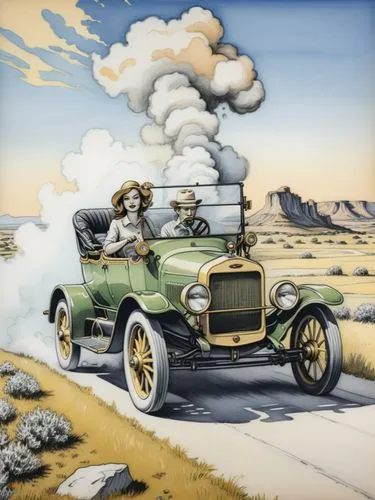 Comic drawing in the style of Roy Lichtenstein: Mrs. Clara Jane Ford is at the center of the action. She is driving a Ford (Model T) through a Texan landscape, its dark green paint reflecting the brig