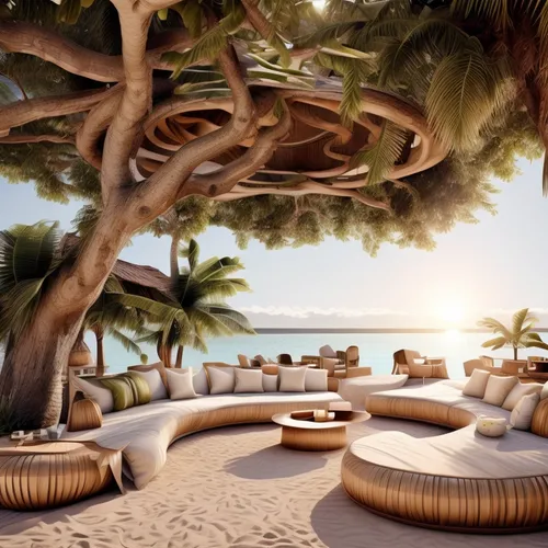 beach furniture,dream beach,outdoor furniture,beach resort,3d rendering,sunlounger,club med,tropical beach,umbrella beach,beach landscape,beach bar,raised beach,paradise beach,tropical house,tropical island,patio furniture,garden furniture,castaway beach,beach chairs,delight island