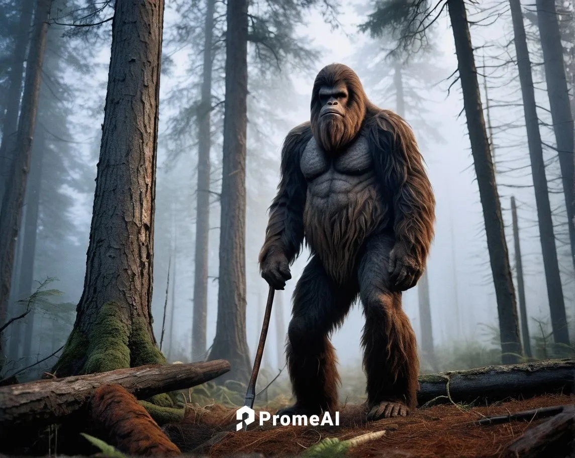 Sasquatch, Bigfoot, standing, majestic, furry, brown fur, muscular arms, strong legs, rugged clothing, torn jeans, plaid shirt, worn boots, holding pitchfork, wooden handle, rusty metal prongs, misty 