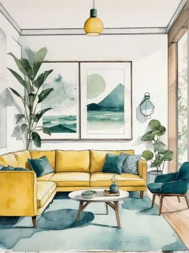 living room,livingroom,sitting room,sunroom,mid century modern,watercolor background,apartment lounge,mid century,scandinavian style,mid century house,sofa set,interiors,sofaer,watercolor,midcentury,watercolor painting,modern decor,modern living room,sofa,neutra,Illustration,Paper based,Paper Based 30