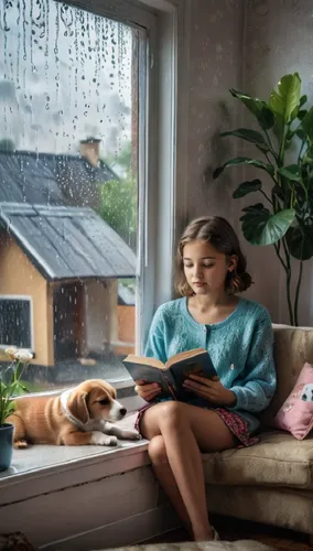 little girl reading,girl with dog,rain cats and dogs,rain on window,rainy day,boy and dog,Photography,General,Natural