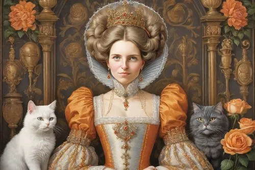 gothic portrait,portrait of a woman,cat portrait,victorian lady,portrait of a girl,elizabeth i,portrait of christi,napoleon cat,queen cage,woman holding pie,fantasy portrait,white cat,cinderella,portrait background,mona lisa,cat,queen anne,the mother and children,romantic portrait,woman sitting,Digital Art,Classicism