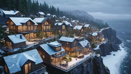 Birds eye view of Eco-friendly tiny A frame houses community, Cliffside, water, overcast cold, cool winter scene, snow blizzard, snowing in foreground, super realistic architectural rendering,  warm i