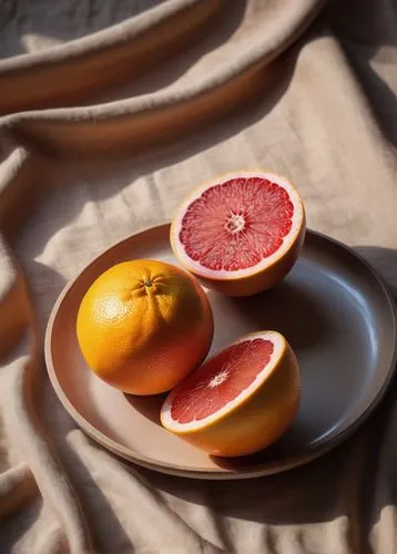 Grapefruit, juicy pulp, vibrant orange-yellow skin, glossy texture, realistic reflection, detailed segments, morning light, soft focus, still life, wooden table, simple ceramic plate, natural linen cl