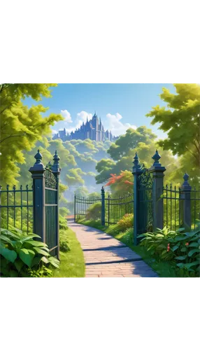 cartoon video game background,landscape background,backgrounds,background design,background vector,iron gate,pathway,3d background,briarcliff,gateway,fence gate,sylvania,rivendell,farm gate,gateposts,stone gate,fantasy landscape,gated,scenically,towards the garden,Illustration,Realistic Fantasy,Realistic Fantasy 27