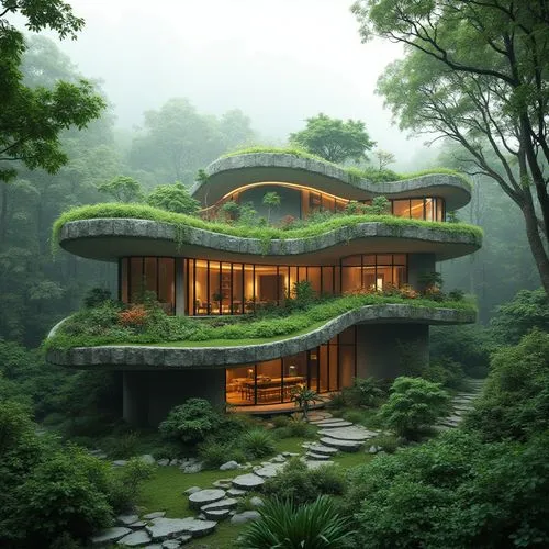 forest house,asian architecture,house in the forest,futuristic architecture,house in mountains,shaoming,house in the mountains,tree house,fallingwater,beautiful home,landscaped,treehouses,hushan,dreamhouse,roof landscape,tree house hotel,modern architecture,green living,grass roof,cubic house,Photography,General,Realistic