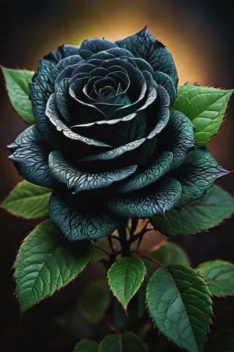 Celtic rose, intricate design, bold black lines, delicate petals, vibrant green leaves, stem with thorns, shoulder blade, feminine touch, soft focus, warm lighting, shallow depth of field, mysterious 