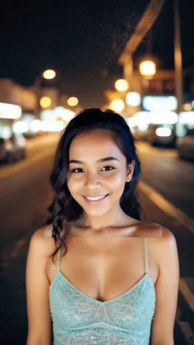 As the full city illuminates the night sky, a woman with long chestnut hair and piercings gazes intently at the beauty of her beauty. Her face radiates tense and radiant light, as deep breath beams fr