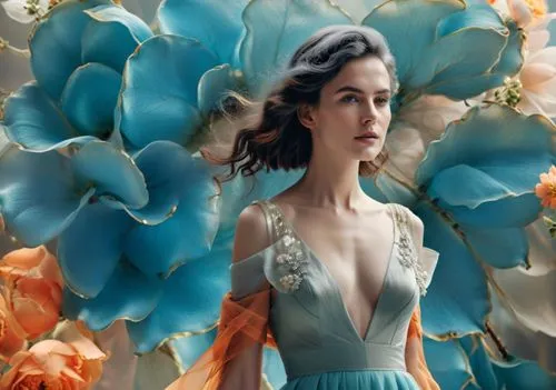 bright, luxury, flowers look. 

a luxury model walking towards camera there are shapes rising like blooming flower behind her in teal and orange color.

her gown has bit of orange color, black hair, m